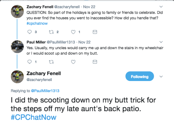 Paul and Zach discussing sliding down the stairs on their butts 