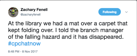 Zach relaying a story of working with his employer to correct a folding carpet mat