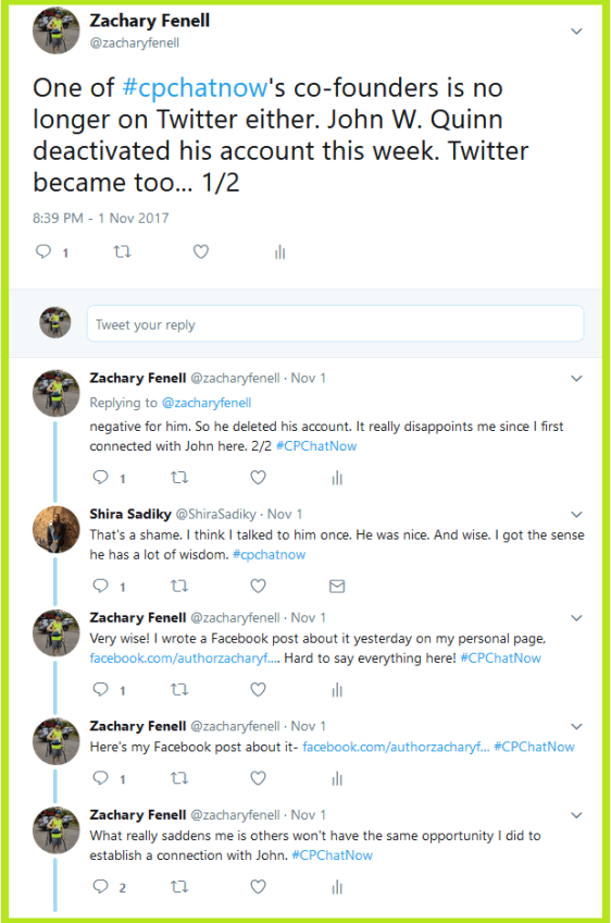 Zachary shares news that #CPChatNow original co-host John W. Quinn has left Twitter.