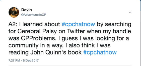 Me stating that I stumbled on #CPChatNow in a search, but I saw John Quinn tweet it 