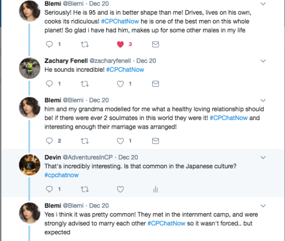 Blemi discussing her grandfather's active lifestyle and her grandparents meeting in the internment camp