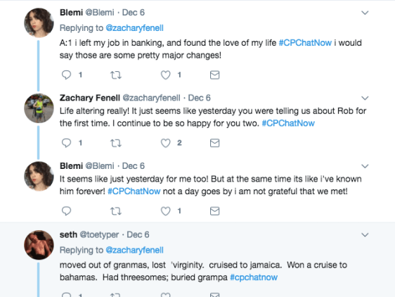 Blemi discussing a new job and boyfriend when talking about changes. Seth discussing cruises and burying his grandpa