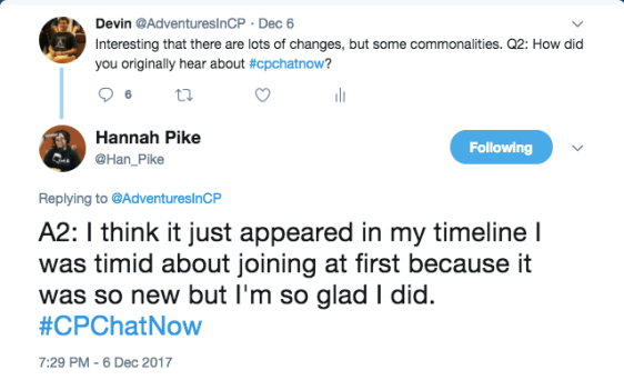 Hannah tweeting that #CPChatNow showed up on her timeline 