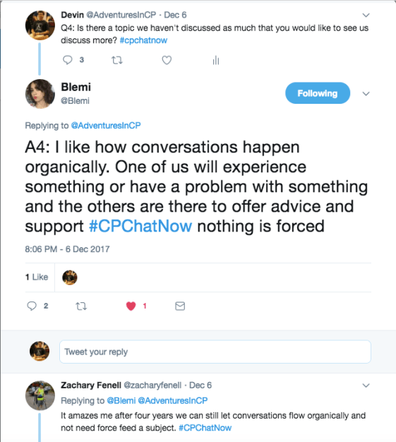 Members discussing the joy that CPChatNow conversations tend to happen organically 