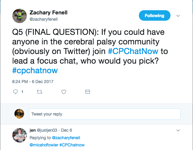 Jen tweeting that she would like to see Micah Fowler on a future chat 