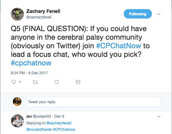 Jen tweeting that she would like to see Micah Fowler on a future chat 