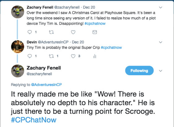 Zach lamenting that Tiny Tim in a Christmas Carol is just a plot device and a turning point for Scrooge