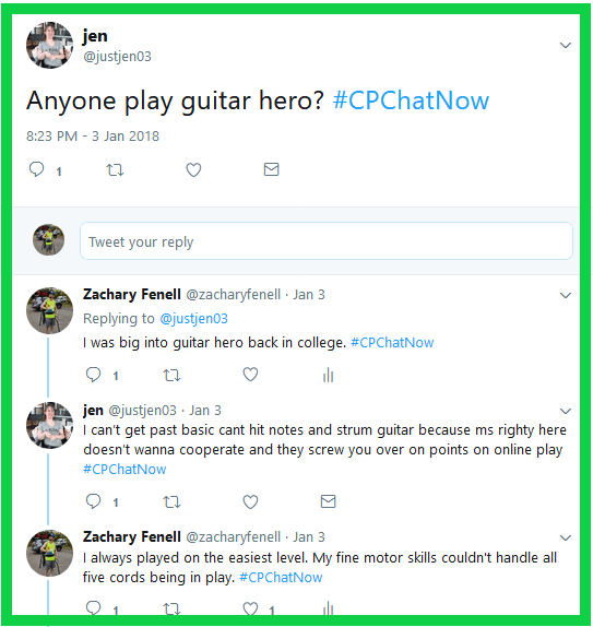 Jen and Zachary discuss the challenges CP can cause when playing Guitar Hero.
