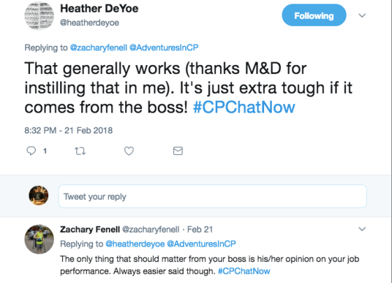 Heather tweeted about how she normally only worries about what she can control. Zach tweeted that the only thing that should matter from a boss is opinions on job performance