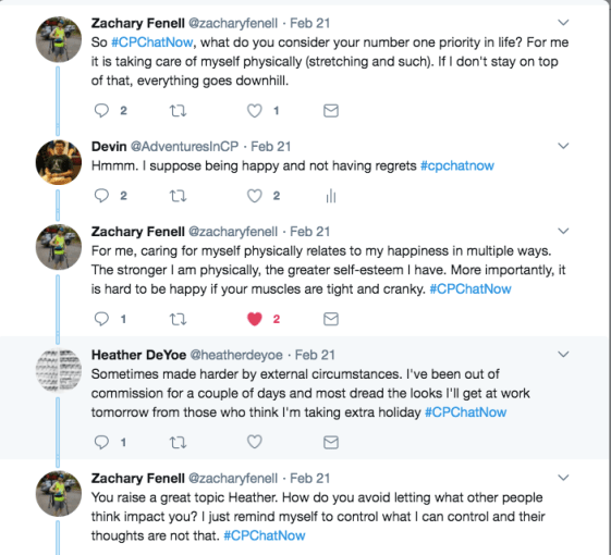 Zach asks about member's number 1 priorities. He said his is taking care of himself physically, I said being happy, and Heather mentioned dreading going to work after a few days out and wondering what her coworkers will think. Zach asks Heather about she handles this