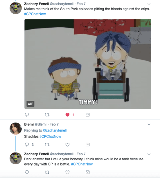 Zach referenced Southpark from Seth's tweet, Blemi tweeted Shackles, and Zach tweeted a tank