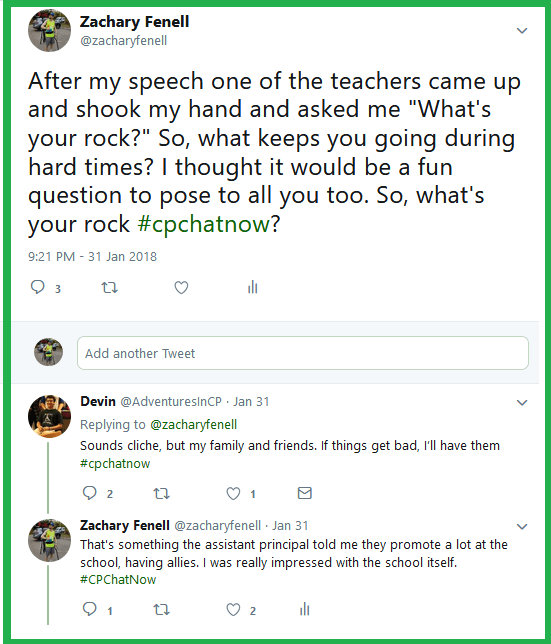 Zachary asks #CPChatNow participants about their rock, what keeps them moving during tough times.