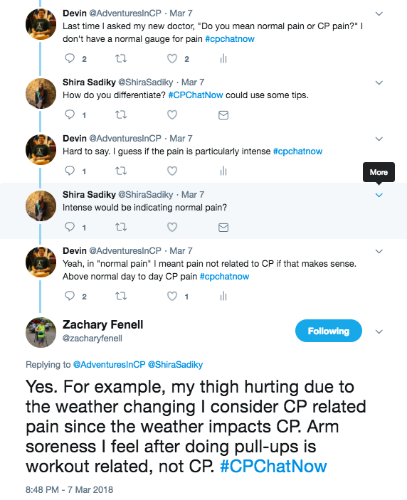 I talked about asking my doctor if pain was CP or normal pain. Zach and I agreed normal pain is pain unrelated to CP like pain after a workout versus CP pain like pain from weather impacts surrounding CP