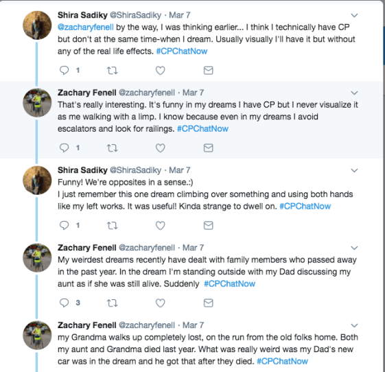 Zach and Shira talked about dreams. Zach said he has CP in his dreams while Shira does not.