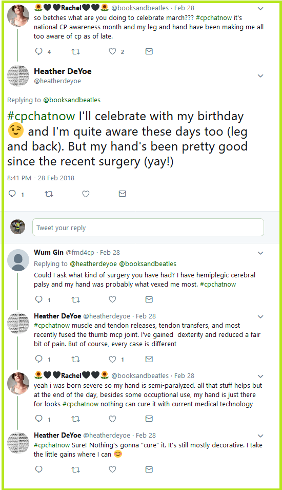 Heather expresses empathy for Rachel's hand and leg issues, leading to a conversation about hand surgeries.