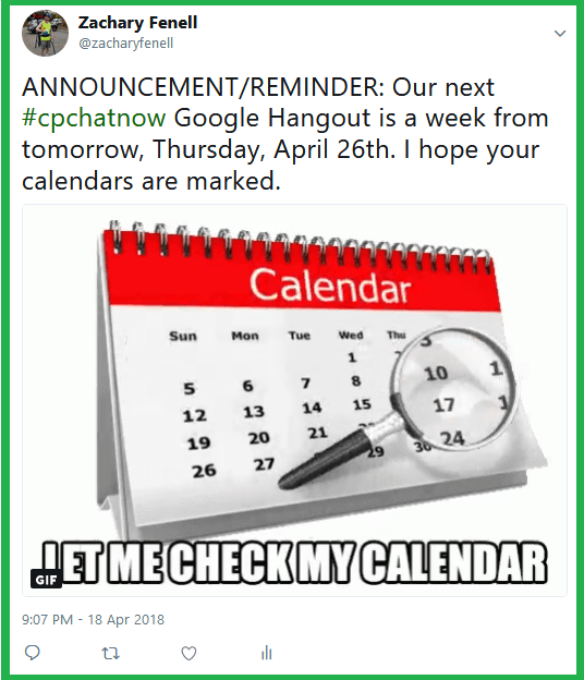 #CPChatNow will hold their April 2018 Google Hangout Thursday, April 26th. 