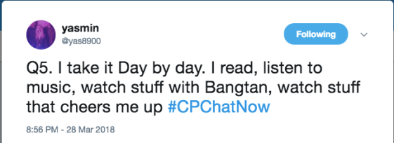 Yasmin tweeted about taking it day by day and importance of music, reading, and other activities