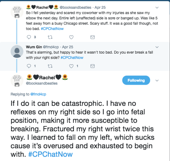 Rachel's left side is banged up from a fall that could have been worse. Wum Gin asked if Rachel ever breaks a fall with her left side. Rachel replies that is a bad idea due to no reflexes