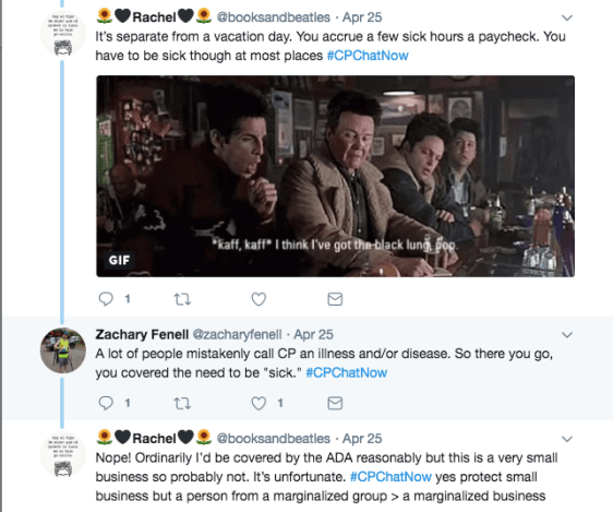 Zach and Rachel continued tweeting about sick days. Rachel tweeted she's not covered under ADA due to her employer being a small business