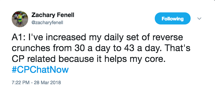 Zach tweeting about increasing his reverse crunches from 37 to 43