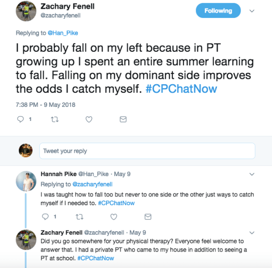 Zach tweets about learning to fall on his dominant side. Hannah tweets she learned ways to catch herself. Zach tweeted he went to private PT