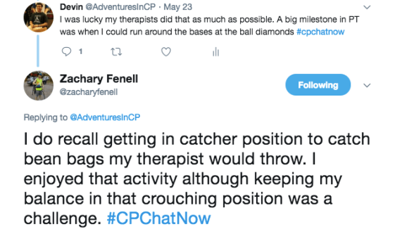 I tweeted a milestone in physical therapy was running around the bases. Zach recalled getting in catcher position to catch bean bags and the challenge of keeping his balance
