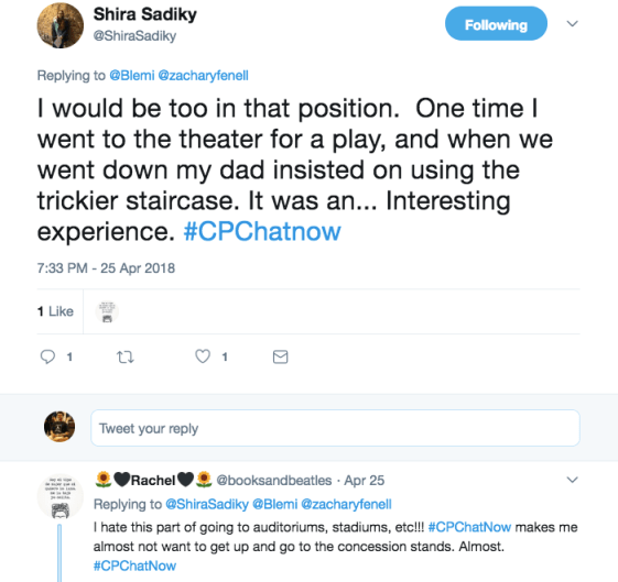 Shira tweeted about going the theater and dealing with a tricky staircase. Rachel agreed she hates getting up