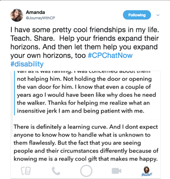 Amanda shared a story of a friend helping a man using a walker leave a restaurant.  She shared a story of the friend saying knowing Amanda has helped expand his knowledge.