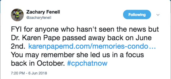 Zach tweeting about Dr Pape's death on June 2nd