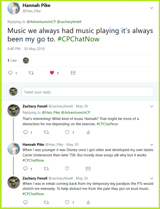 Hannah and Zachary compare notes about therapists involving music in their PT sessions.