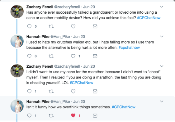 Hannah and Zach talking being hesitant to use crutches and walkers. Zach said he was hesitant to use his cane for his marathon