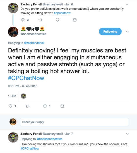 Rachel prefer movement oriented activities where her muscles are engaged in active and passive stretch like yoga or taking a hot shower. Zach agreed on liking hot showers