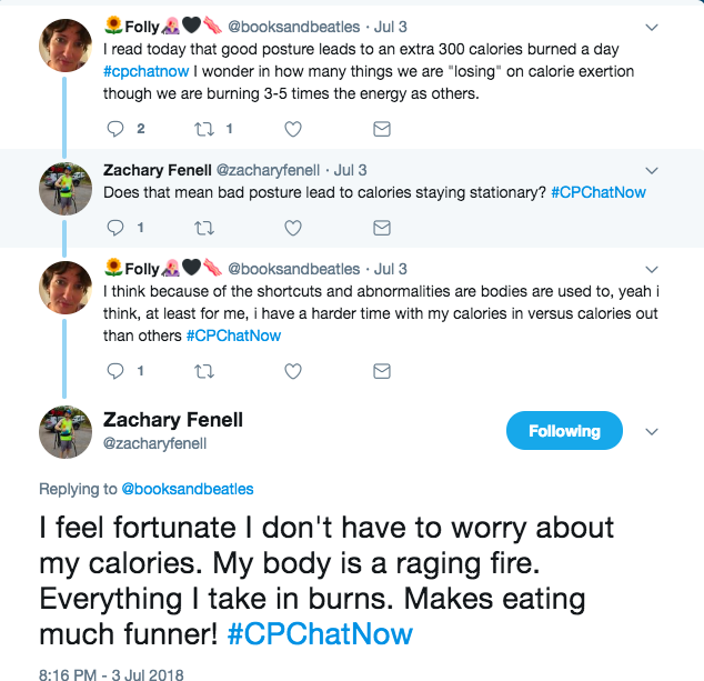 Rachel and Zach talked about whether CP impacted their calories burned, particularly when it came to posture