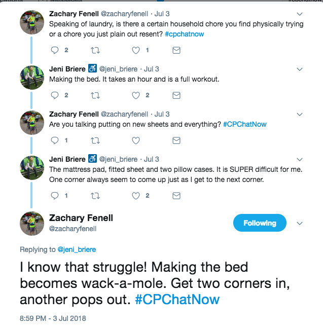 Jeni and Zach talking about the difficulty of making the bed