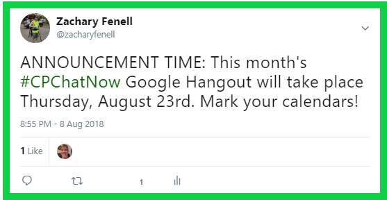 #CPChatNow's August 2018 Google Hangout will happen Thursday, August 23rd.