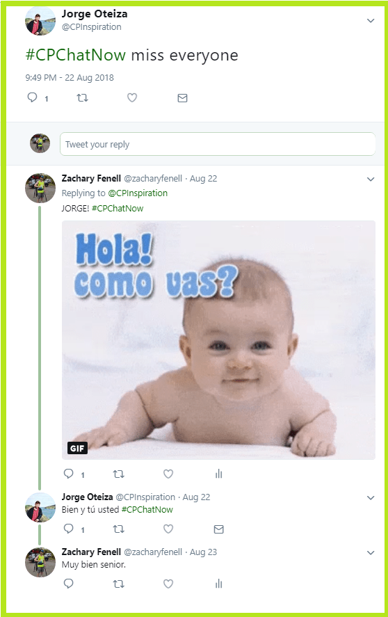 Zachary warmly greets a familiar face back to #CPChatNow, Jorge!