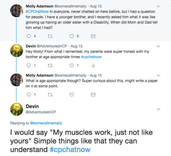 Molly asks when other's parents talked about their disability. I shared my parents were honest and would tell me to say things like, "My muscles work, just not as good as yours"