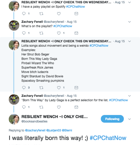 Rachel shares her Palsy playlist with Zach pointing out Born This Way is a perfect song