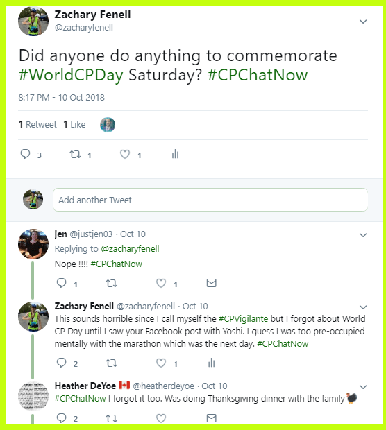 #CPChatNow participants discuss what they did on Saturday, October 6th, World Cerebral Palsy Day.