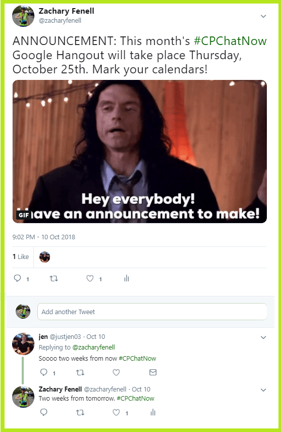 This month's Google Hangout will take place Thursday, October 25th, 2018.