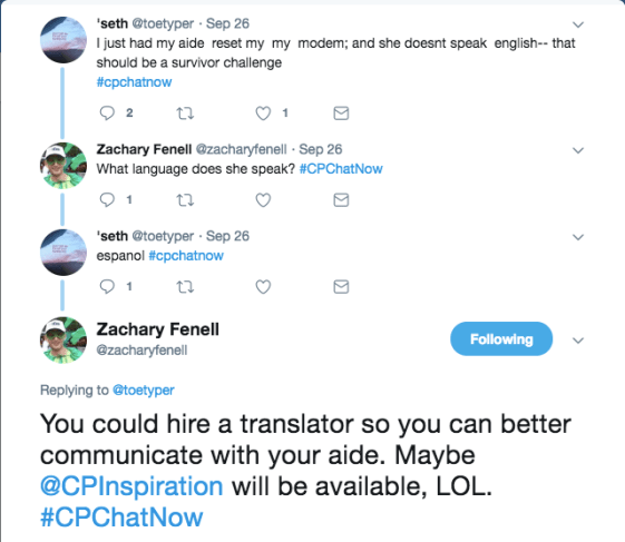 Seth had his Spanish speaking aide reset his modem. Zach pointed out Blake could be a translator.