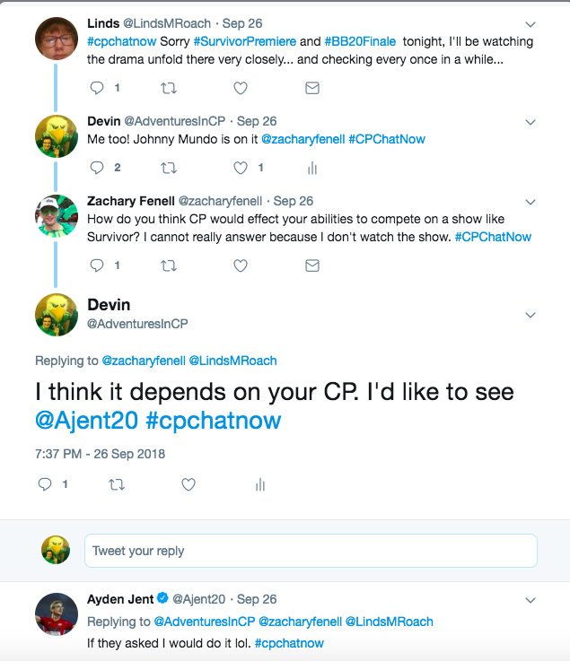 Zach asked if members could compete on Survivor with CP. I recommended Paralympia Ayden Jent who said he would do it