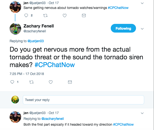 Jen tweeted about she gets nervous about tornadoes and tornado warnings