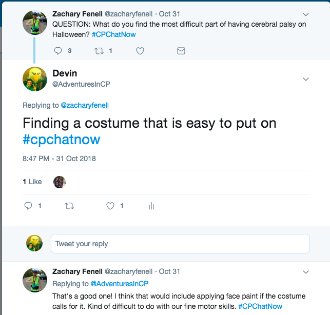 Zach and I tweet about the difficulty of putting on costumes. Zach mentions the difficulty of face paint with fine motor skills