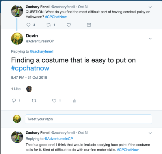 Zach and I tweet about the difficulty of putting on costumes. Zach mentions the difficulty of face paint with fine motor skills