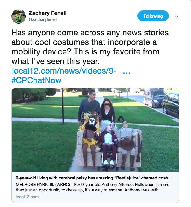 Zach tweeted about a costume incorporating a mobility aid. The image is the image of a kid's wheelchair being pushed by a parents and wearing a Beetlejuice costume with 2 characters sitting beside him