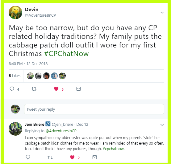 Devin asked participants to share CP related holiday traditions.