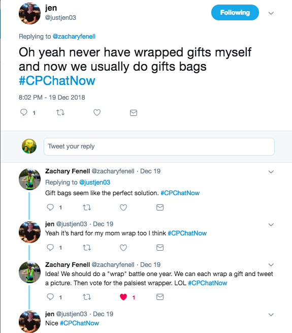 Jen tweets about never wrapping gifts herself. Zach tweets that gift bags are the perfect solution and the need for a wrap battle for CPChatNow