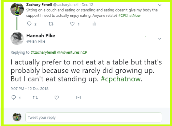 Hannah says she does not need a table to eat at.