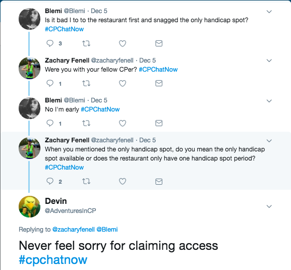 A discussion about Blemi asking if it was bad she claimed the only handicapped parking spot. I tweeted that she should never feel sorry for claiming access